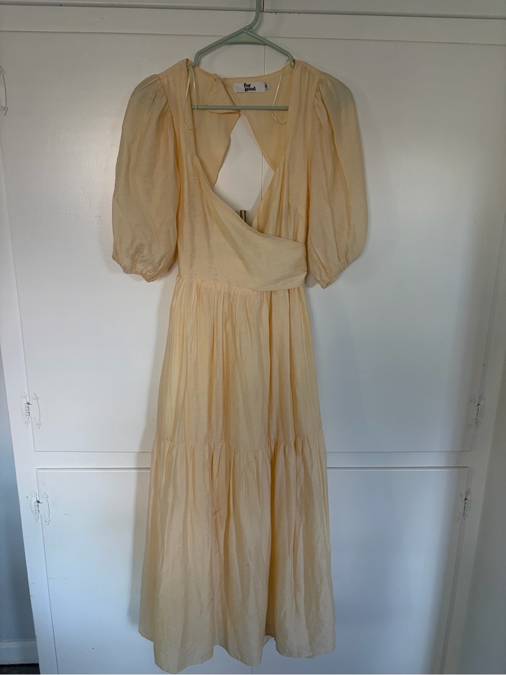 Puff-Sleeve Light Yellow Maxi Dress with Wrap Bodice